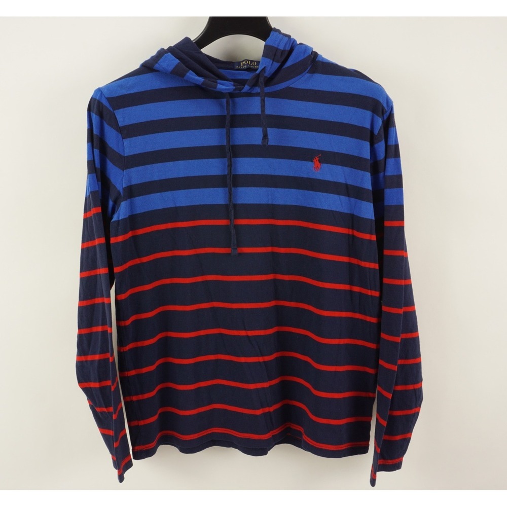 Polo Ralph Lauren Men's Large Slim Navy Blue Striped Pullover Hoodie Sweatshirt